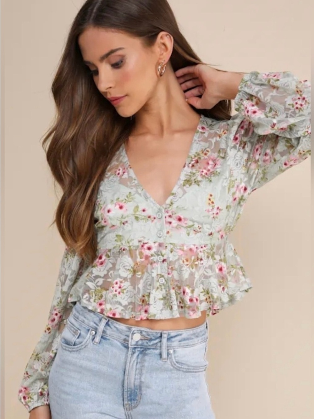 Lulu's Mint Floral Lace Peplum mesh Blouse with Pink Accents